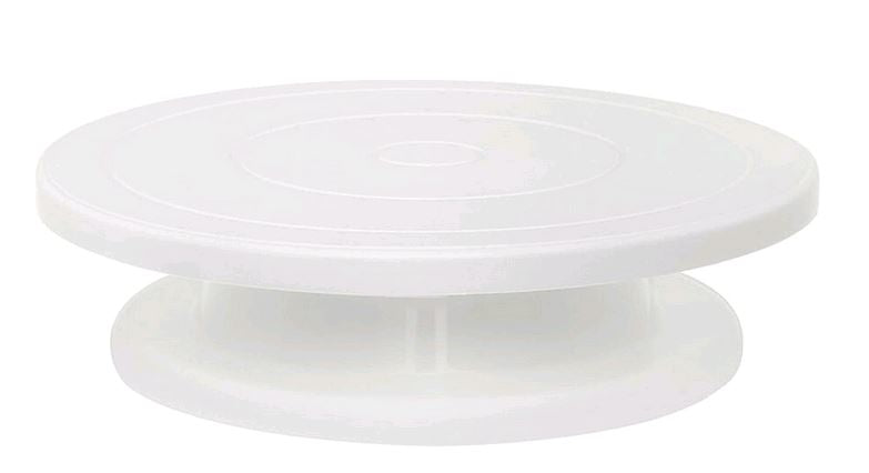 10.6" Rotating White Plastic Cake Stand on White background