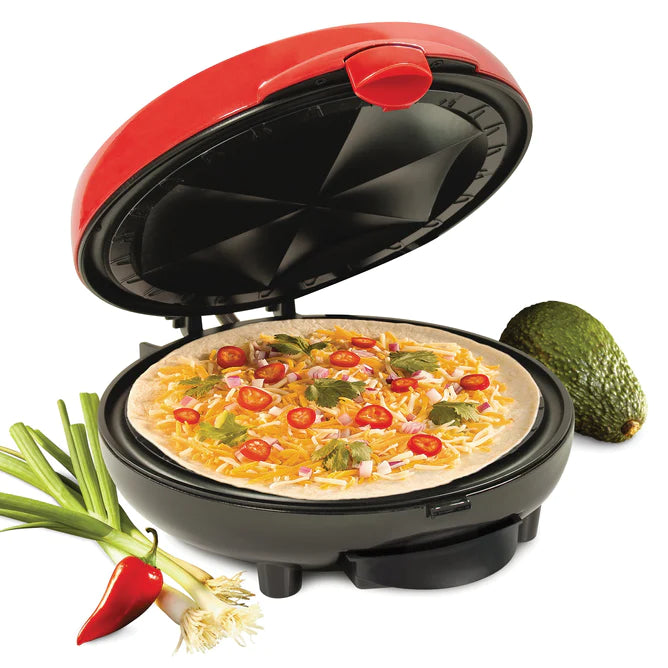 Taco Tuesday - Tteqm8rd Deluxe 6-Wedge Electric Quesadilla Maker with Extra Stuffing Latch - Red