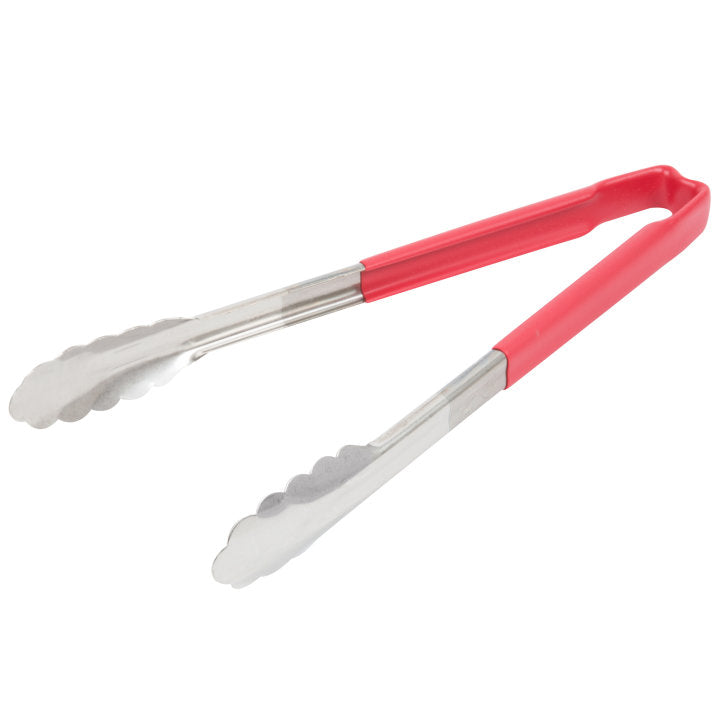 Vollrath 12-inch stainless steel one-piece scalloped tongs with red Kool-Touch® handle 4781240