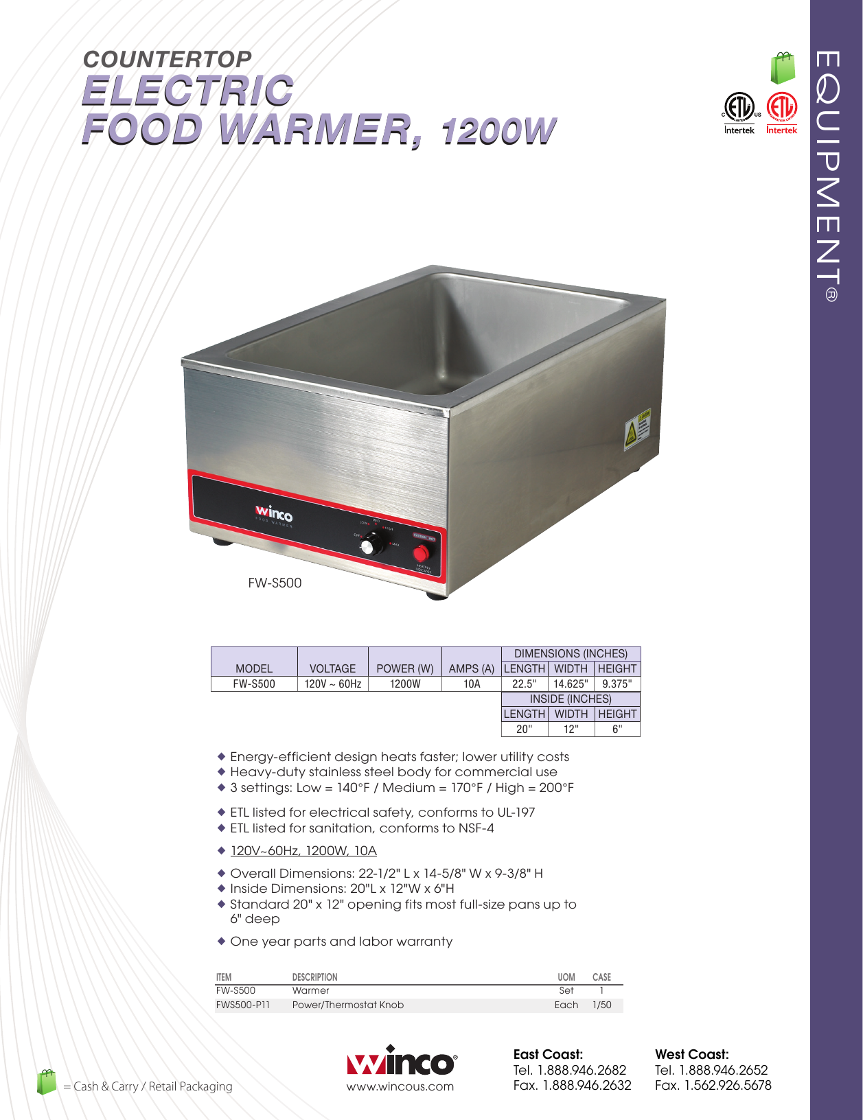 Winco FW-S500 Countertop Electric Food Warmer - Pro Restaurant